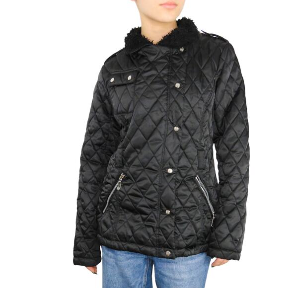 Vince Camuto Black Quilted Padded Puffer Coat Fur Hood Small Classic - Picture 2 of 7